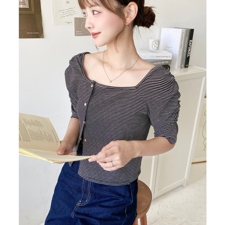 アシメスクエアネックボーダー半袖プルオーバー | moment+ | 詳細画像15 