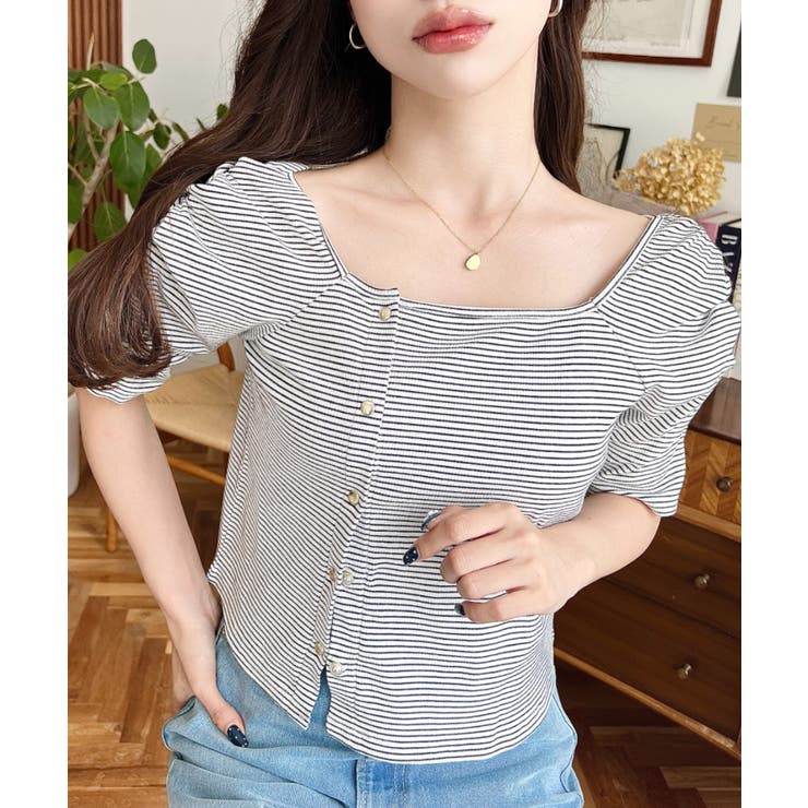 アシメスクエアネックボーダー半袖プルオーバー | moment+ | 詳細画像2 