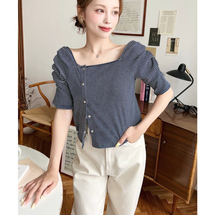 アシメスクエアネックボーダー半袖プルオーバー | moment+ | 詳細画像25 