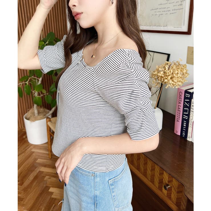 アシメスクエアネックボーダー半袖プルオーバー | moment+ | 詳細画像3 