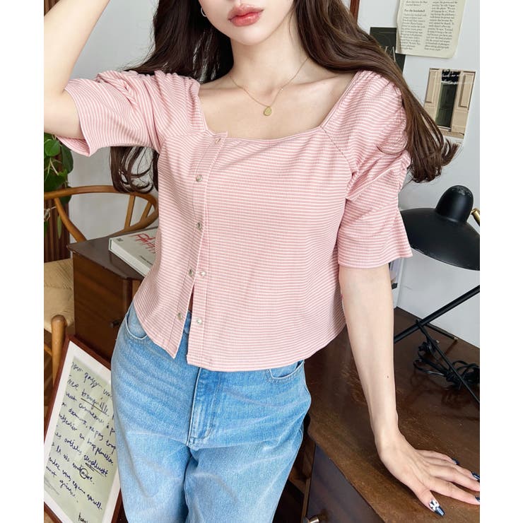 アシメスクエアネックボーダー半袖プルオーバー | moment+ | 詳細画像30 