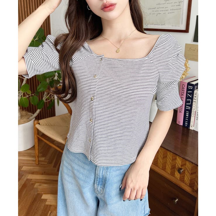 アシメスクエアネックボーダー半袖プルオーバー | moment+ | 詳細画像4 