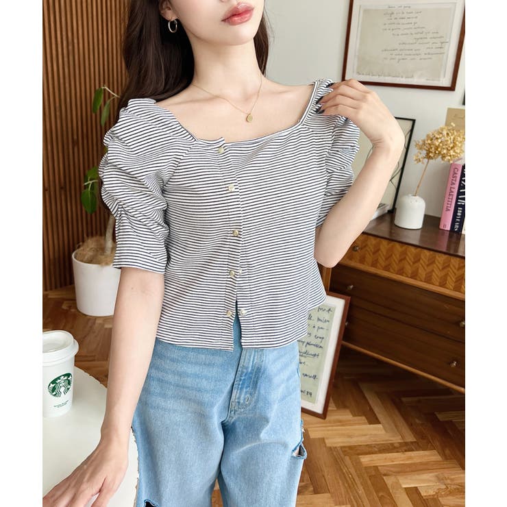 アシメスクエアネックボーダー半袖プルオーバー | moment+ | 詳細画像5 