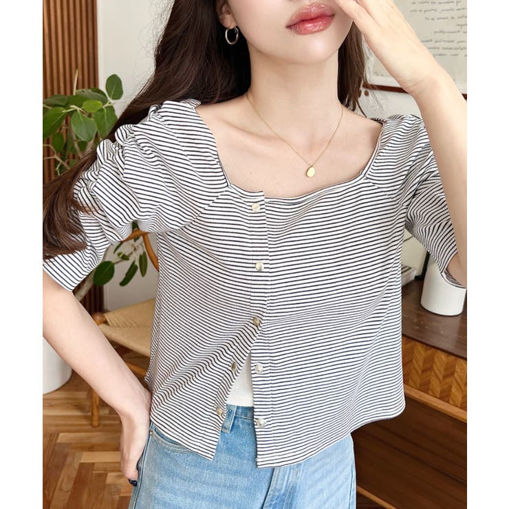 アシメスクエアネックボーダー半袖プルオーバー | moment+ | 詳細画像6 