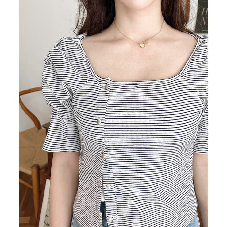 アシメスクエアネックボーダー半袖プルオーバー | moment+ | 詳細画像7 