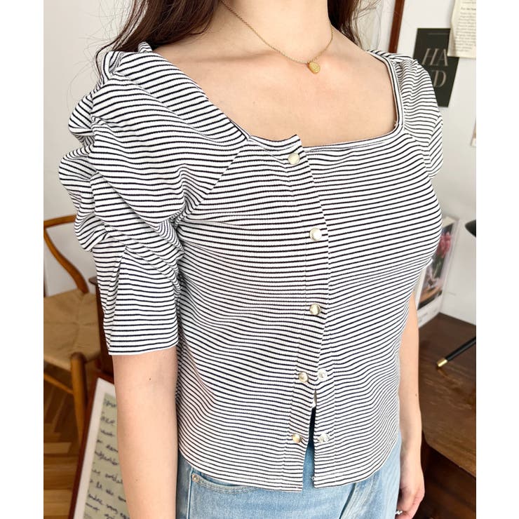 アシメスクエアネックボーダー半袖プルオーバー | moment+ | 詳細画像8 