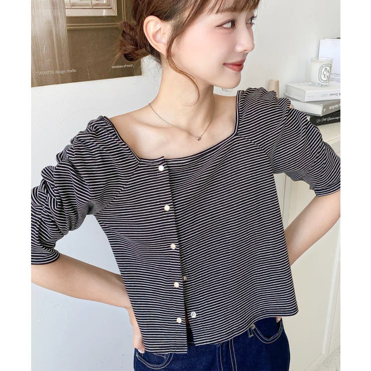 ブラック | アシメスクエアネックボーダー半袖プルオーバー | moment+