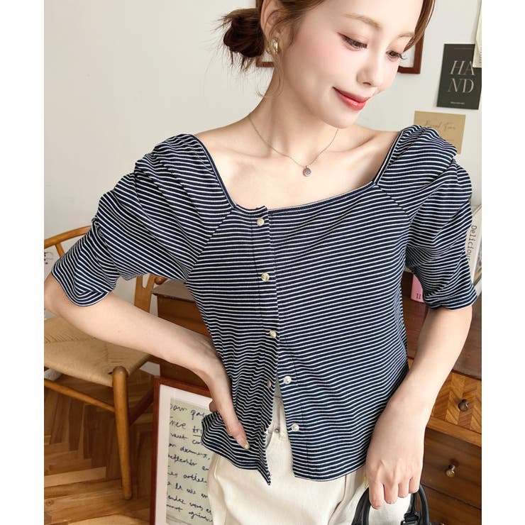 ネイビー | アシメスクエアネックボーダー半袖プルオーバー | moment+