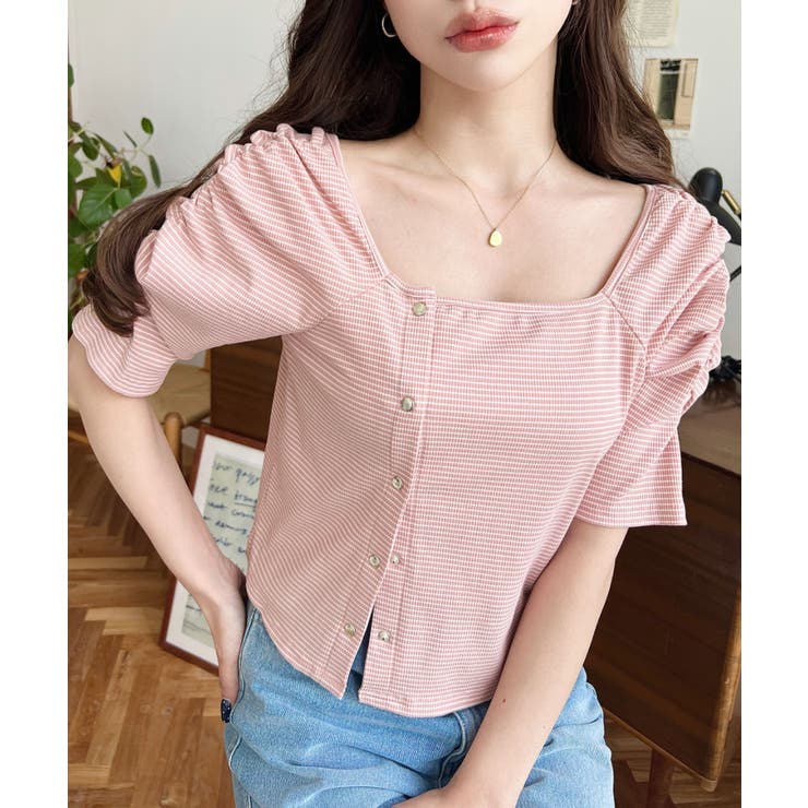 ピンク | アシメスクエアネックボーダー半袖プルオーバー | moment+