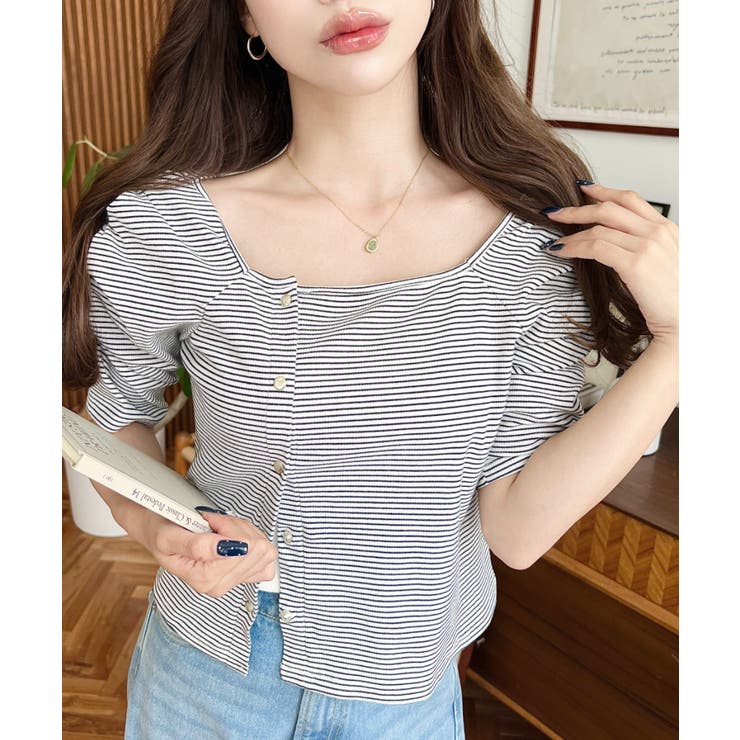 オフホワイト | アシメスクエアネックボーダー半袖プルオーバー | moment+