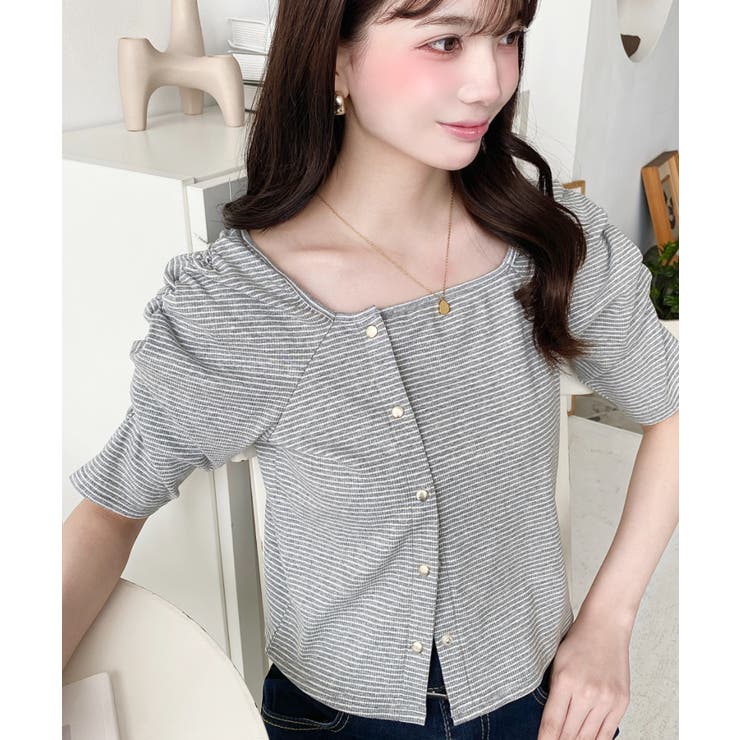 グレー | アシメスクエアネックボーダー半袖プルオーバー | moment+