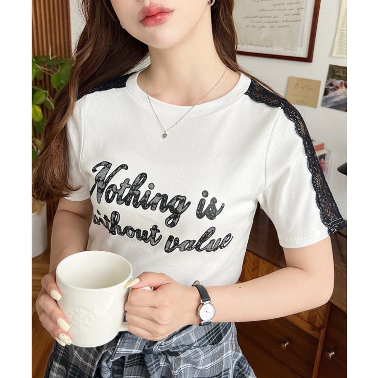 サイドレースロゴプリントTシャツ | moment+ | 詳細画像1 