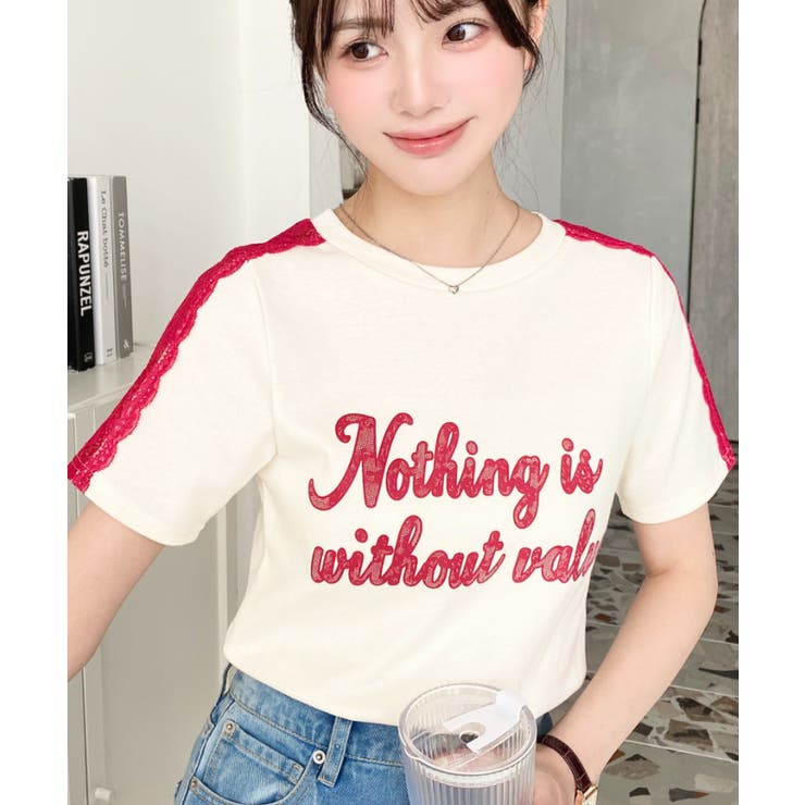 ナチュラル | サイドレースロゴプリントTシャツ | moment+