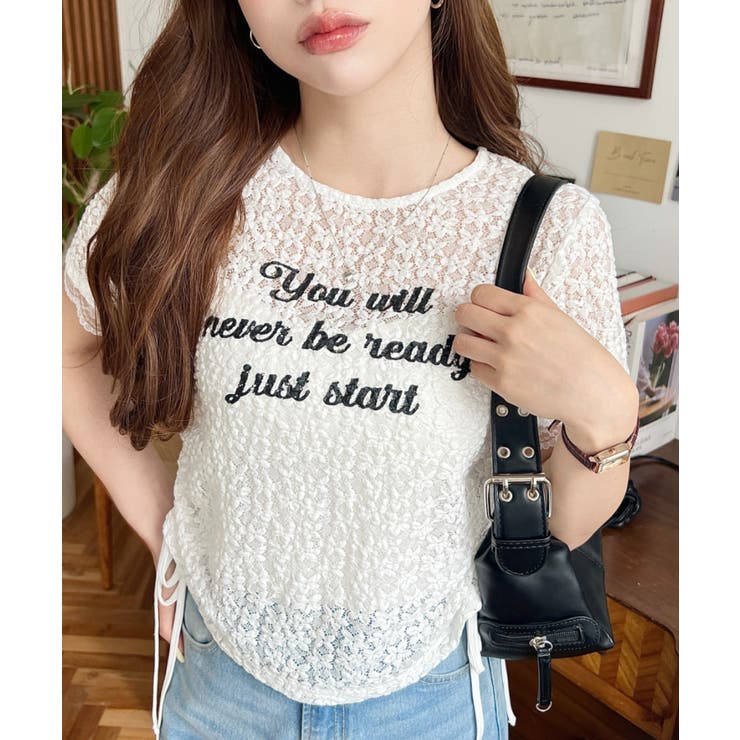小花ストレッチレースロゴプリントサイドドロストTシャツ | moment+ | 詳細画像1 
