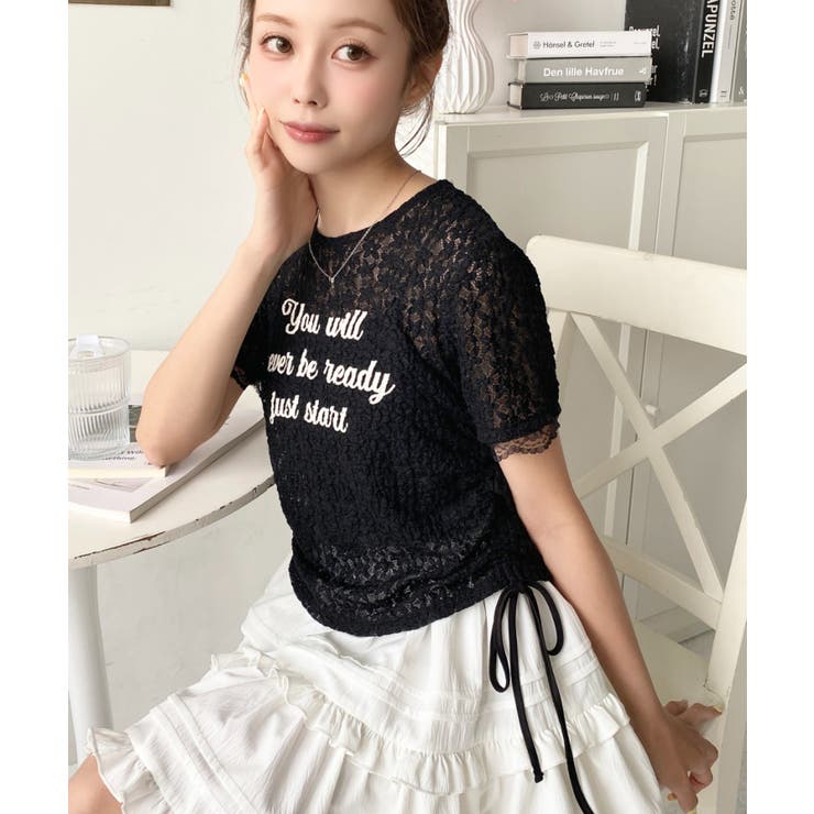 小花ストレッチレースロゴプリントサイドドロストTシャツ | moment+ | 詳細画像10 