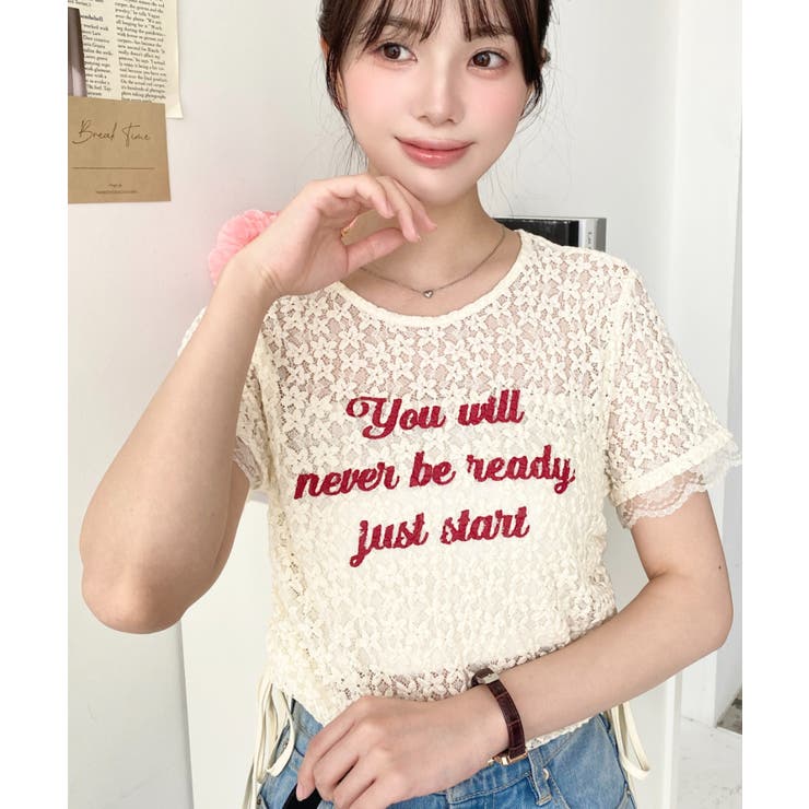 小花ストレッチレースロゴプリントサイドドロストTシャツ | moment+ | 詳細画像12 