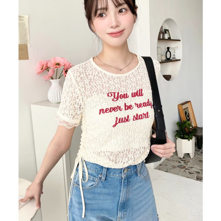 小花ストレッチレースロゴプリントサイドドロストTシャツ | moment+ | 詳細画像13 