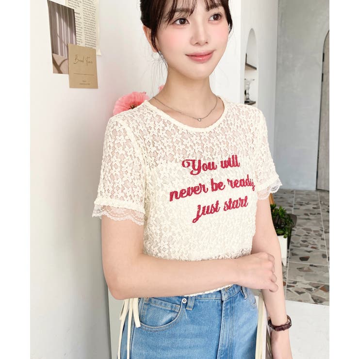 小花ストレッチレースロゴプリントサイドドロストTシャツ | moment+ | 詳細画像14 