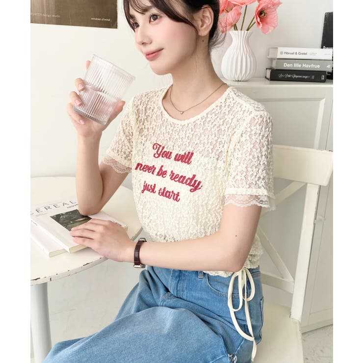 小花ストレッチレースロゴプリントサイドドロストTシャツ | moment+ | 詳細画像15 