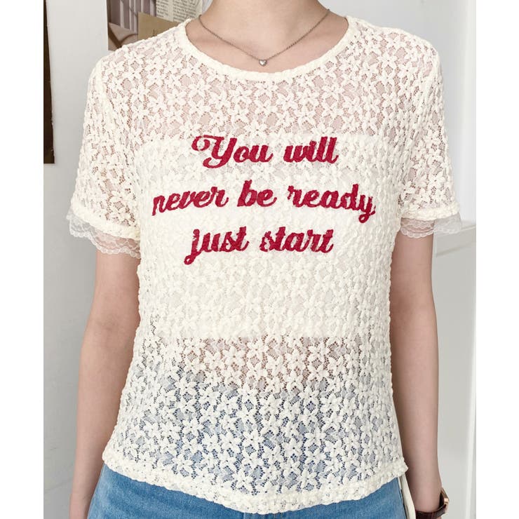 小花ストレッチレースロゴプリントサイドドロストTシャツ | moment+ | 詳細画像16 
