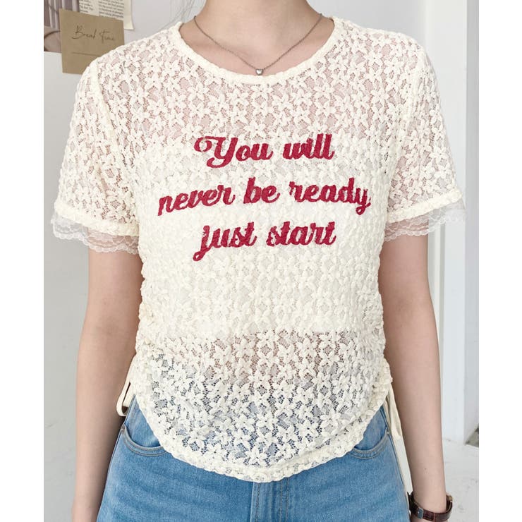小花ストレッチレースロゴプリントサイドドロストTシャツ | moment+ | 詳細画像17 