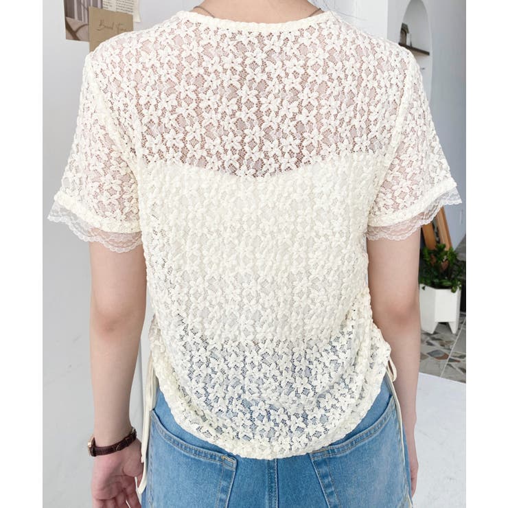 小花ストレッチレースロゴプリントサイドドロストTシャツ | moment+ | 詳細画像19 