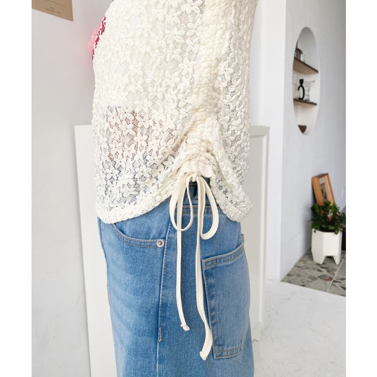 小花ストレッチレースロゴプリントサイドドロストTシャツ | moment+ | 詳細画像21 