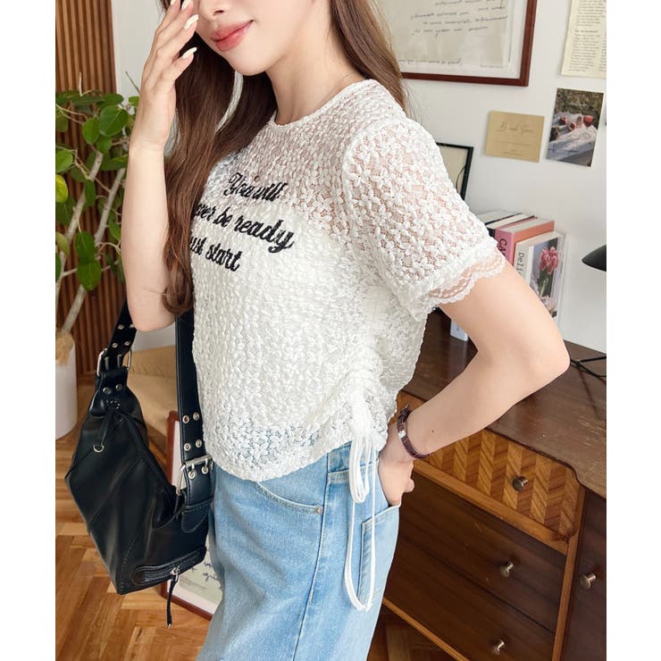 小花ストレッチレースロゴプリントサイドドロストTシャツ | moment+ | 詳細画像3 