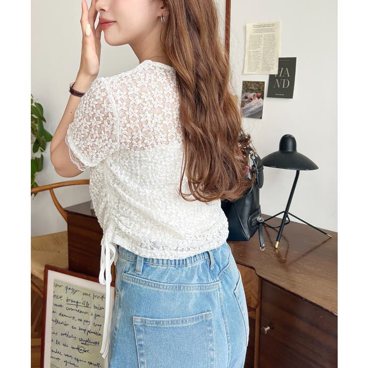 小花ストレッチレースロゴプリントサイドドロストTシャツ | moment+ | 詳細画像5 