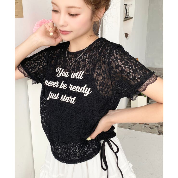 小花ストレッチレースロゴプリントサイドドロストTシャツ | moment+ | 詳細画像6 