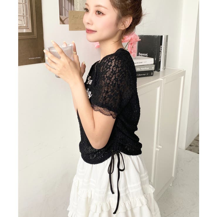 小花ストレッチレースロゴプリントサイドドロストTシャツ[品番