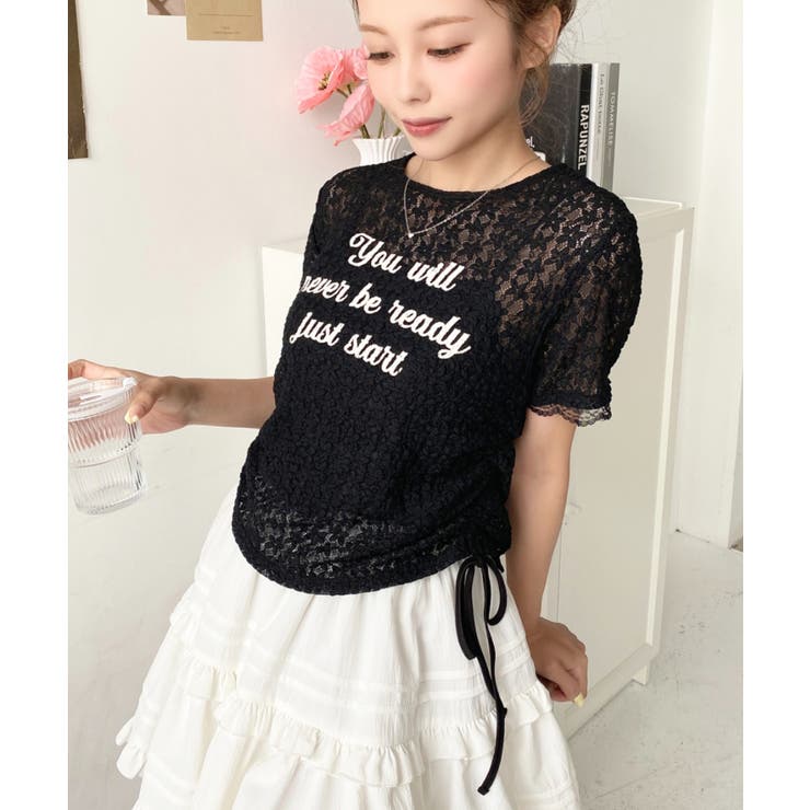 小花ストレッチレースロゴプリントサイドドロストTシャツ | moment+ | 詳細画像9 