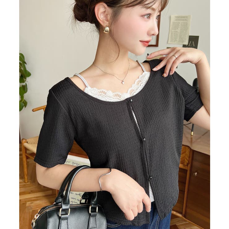 ブラック | キャミレイヤード風半袖トップス | moment+