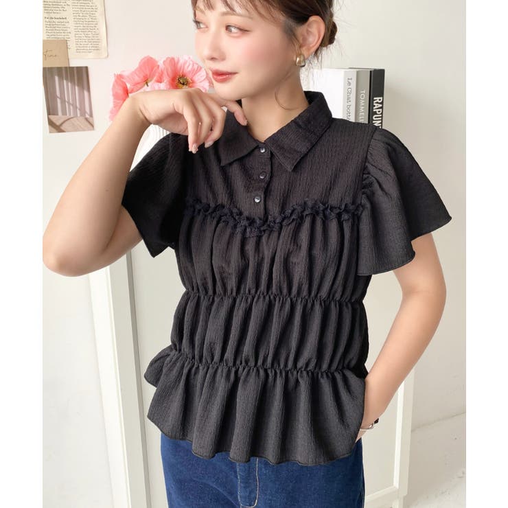 ブラック | シャーリングビスチェデザインポロシャツ | moment+