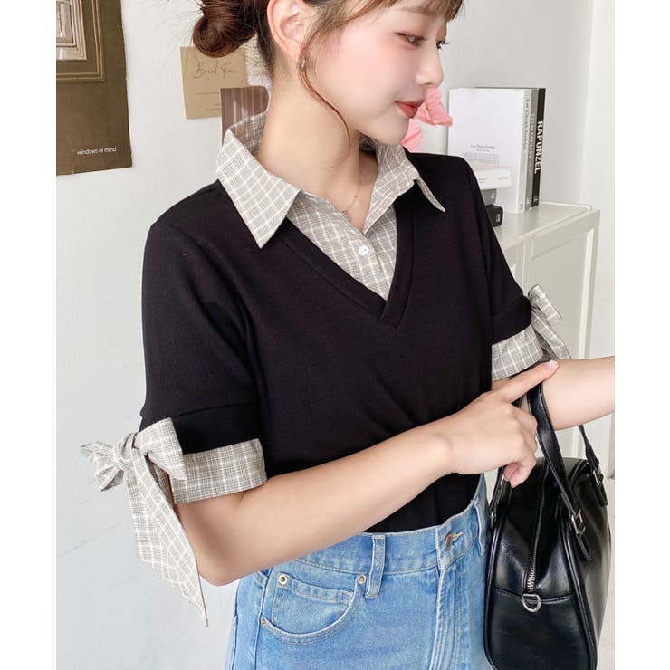 tシャツ リボンレイヤードカットトップス レディース LADY LIKE tシャツ 「春夏新作」胸リボンレイヤード風半袖
