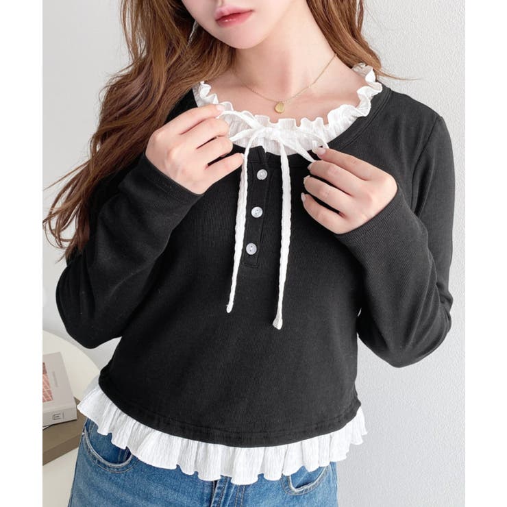 ブラック | ＼韓国LOOK◎／レイヤード風ヘンリーネックTシャツ | moment+