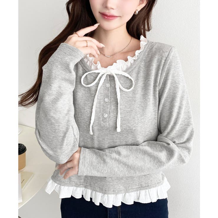 杢グレー | ＼韓国LOOK◎／レイヤード風ヘンリーネックTシャツ | moment+