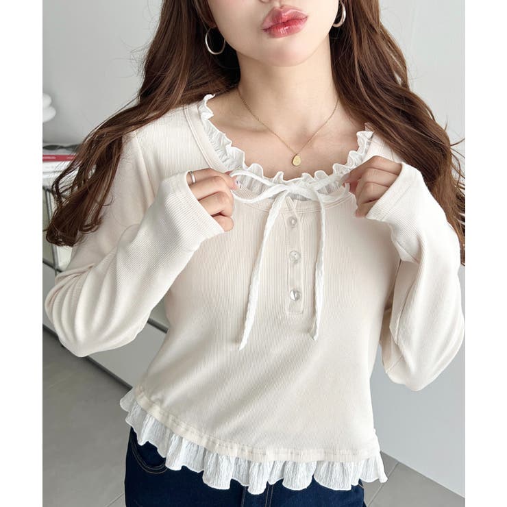 アイボリー | ＼韓国LOOK◎／レイヤード風ヘンリーネックTシャツ | moment+