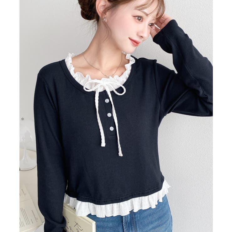 ネイビー | ＼韓国LOOK◎／レイヤード風ヘンリーネックTシャツ | moment+