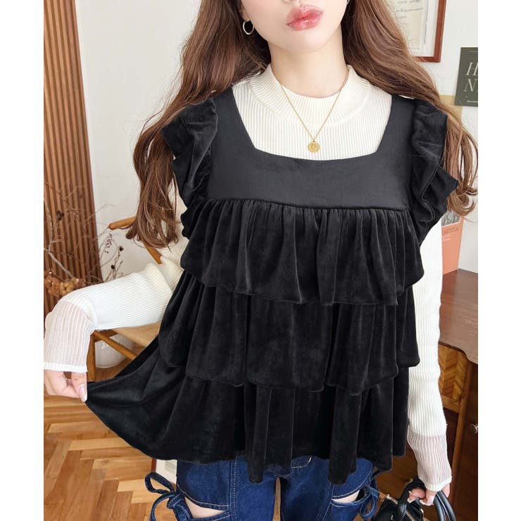 ブラック | カットベロアバックリボンティアードプルオーバー | moment+