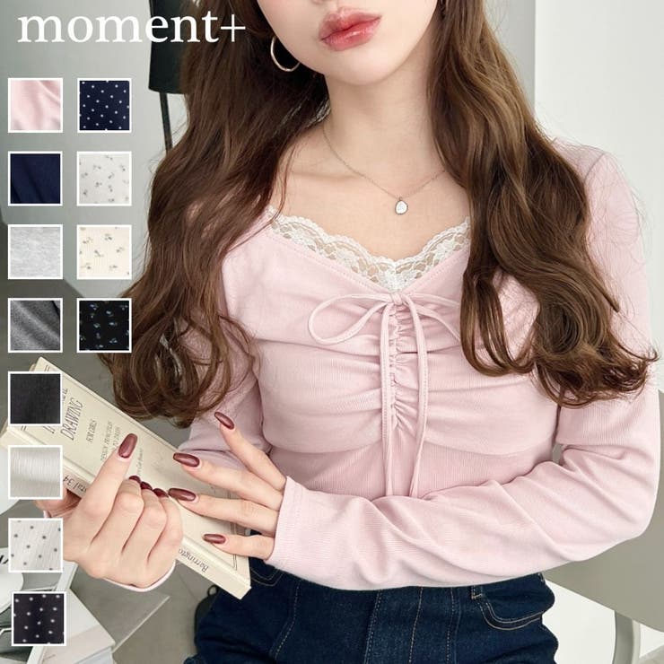 無地×ドットプリント×フロントレースギャザーリボン長袖トップス | moment+ | 詳細画像1 