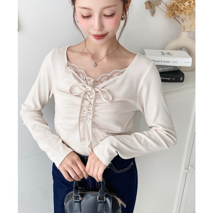 無地×ドットプリント×フロントレースギャザーリボン長袖トップス