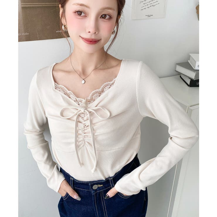 無地×ドットプリント×フロントレースギャザーリボン長袖トップス | moment+ | 詳細画像13 