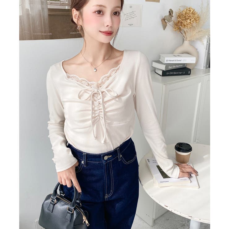 無地×ドットプリント×フロントレースギャザーリボン長袖トップス | moment+ | 詳細画像14 