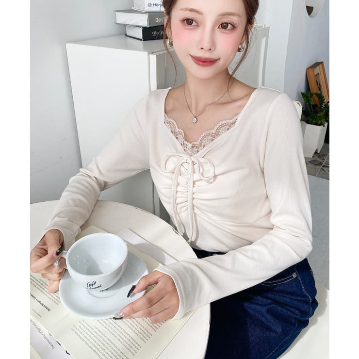 無地×ドットプリント×フロントレースギャザーリボン長袖トップス | moment+ | 詳細画像15 