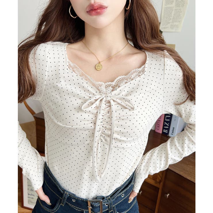 無地×ドットプリント×フロントレースギャザーリボン長袖トップス | moment+ | 詳細画像16 