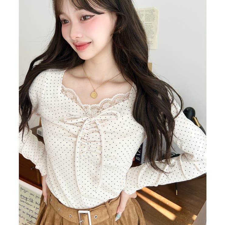 無地×ドットプリント×フロントレースギャザーリボン長袖トップス | moment+ | 詳細画像19 