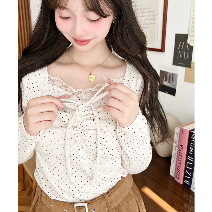 無地×ドットプリント×フロントレースギャザーリボン長袖トップス | moment+ | 詳細画像20 