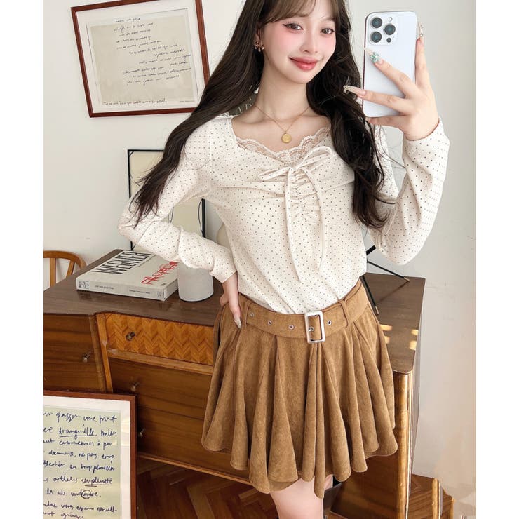 無地×ドットプリント×フロントレースギャザーリボン長袖トップス