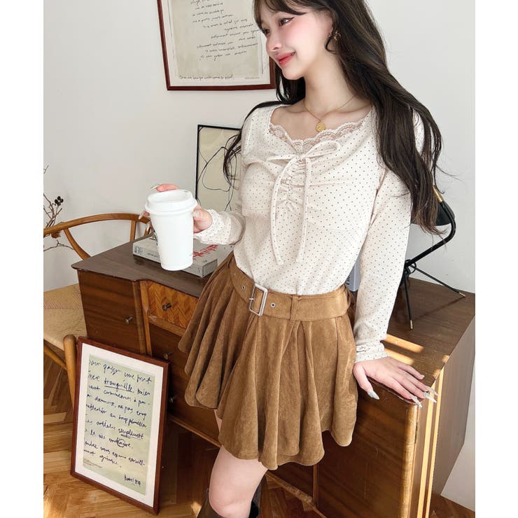 無地×ドットプリント×フロントレースギャザーリボン長袖トップス | moment+ | 詳細画像22 